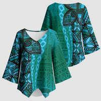 Samoan Pacific Tribal Flower Geometric Art Tattoos Kimono Sleeve Blouse Siapo Pattern Turquoise Tide - Polynesian Pride