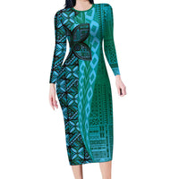 Samoan Pacific Tribal Flower Geometric Art Tattoos Long Sleeve Bodycon Dress Siapo Pattern Turquoise Tide LT03 Long Dress Turquoise - Polynesian Pride
