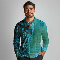 Samoan Pacific Tribal Flower Geometric Art Tattoos Long Sleeve Polo Shirt Siapo Pattern Turquoise Tide LT03 - Polynesian Pride