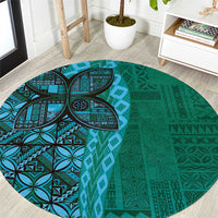 Samoan Pacific Tribal Flower Geometric Art Tattoos Round Carpet Siapo Pattern Turquoise Tide - Polynesian Pride