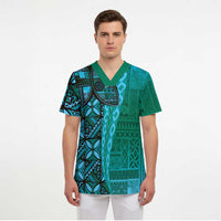 Samoan Pacific Tribal Flower Geometric Art Tattoos Scrub Top Siapo Pattern Turquoise Tide LT03 - Polynesian Pride