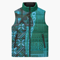 Samoan Pacific Tribal Flower Geometric Art Tattoos Sleeveless Puffer Jacket Siapo Pattern Turquoise Tide LT03 Turquoise - Polynesian Pride