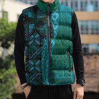 Samoan Pacific Tribal Flower Geometric Art Tattoos Sleeveless Puffer Jacket Siapo Pattern Turquoise Tide LT03 - Polynesian Pride
