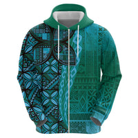 Samoan Pacific Tribal Flower Geometric Art Tattoos Zip Hoodie Siapo Pattern Turquoise Tide - Polynesian Pride