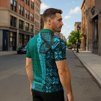 Samoan Pacific Tribal Flower Geometric Art Tattoos Zipper Polo Shirt Siapo Pattern Turquoise Tide LT03 - Polynesian Pride