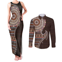 Fijian Masi Tribal Tattoos Art Pattern Couples Matching Tank Maxi Dress and Long Sleeve Button Shirt Brown Color Half Style - Polynesian Pride
