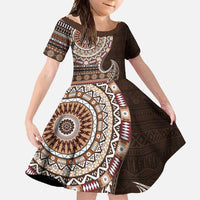 Fijian Masi Tribal Tattoos Art Pattern Family Matching Long Sleeve Bodycon Dress and Hawaiian Shirt Brown Color Half Style - Polynesian Pride