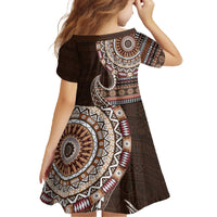 Fijian Masi Tribal Tattoos Art Pattern Family Matching Off The Shoulder Long Sleeve Dress and Hawaiian Shirt Brown Color Half Style - Polynesian Pride