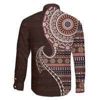 Fijian Masi Tribal Tattoos Art Pattern Family Matching Off The Shoulder Long Sleeve Dress and Hawaiian Shirt Brown Color Half Style - Polynesian Pride