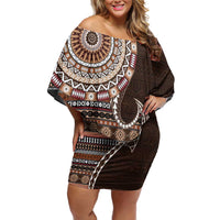 Fijian Masi Tribal Tattoos Art Pattern Family Matching Off Shoulder Short Dress and Hawaiian Shirt Brown Color Half Style - Polynesian Pride