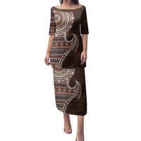 Fijian Masi Tribal Tattoos Art Pattern Family Matching Puletasi and Hawaiian Shirt Brown Color Half Style - Polynesian Pride