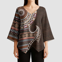 Fijian Masi Tribal Tattoos Art Pattern Kimono Sleeve Blouse Brown Color Half Style - Polynesian Pride