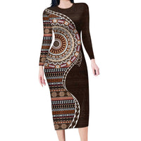 Fijian Masi Tribal Tattoos Art Pattern Long Sleeve Bodycon Dress Brown Color Half Style - Polynesian Pride