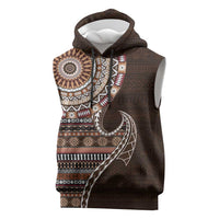Fijian Masi Tribal Tattoos Art Pattern Sleeveless Hoodie Brown Color Half Style - Polynesian Pride