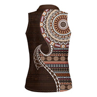 Fijian Masi Tribal Tattoos Art Pattern Women Sleeveless Polo Shirt Brown Color Half Style - Polynesian Pride