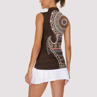 Fijian Masi Tribal Tattoos Art Pattern Women Sleeveless Polo Shirt Brown Color Half Style - Polynesian Pride