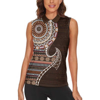 Fijian Masi Tribal Tattoos Art Pattern Women Sleeveless Polo Shirt Brown Color Half Style - Polynesian Pride