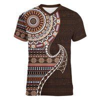 Fijian Masi Tribal Tattoos Art Pattern Women V-Neck T-Shirt Brown Color Half Style - Polynesian Pride