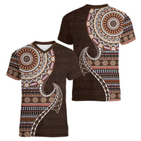 Fijian Masi Tribal Tattoos Art Pattern Women V-Neck T-Shirt Brown Color Half Style - Polynesian Pride