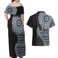 Fijian Masi Tribal Tattoos Art Pattern Couples Matching Off Shoulder Maxi Dress and Hawaiian Shirt Navy Color Half Style - Polynesian Pride