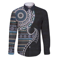 Fijian Masi Tribal Tattoos Art Pattern Family Matching Long Sleeve Bodycon Dress and Hawaiian Shirt Navy Color Half Style - Polynesian Pride