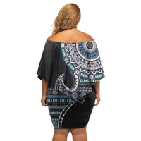 Fijian Masi Tribal Tattoos Art Pattern Family Matching Off Shoulder Short Dress and Hawaiian Shirt Navy Color Half Style - Polynesian Pride