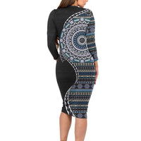 Fijian Masi Tribal Tattoos Art Pattern Long Sleeve Bodycon Dress Navy Color Half Style - Polynesian Pride