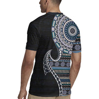 Fijian Masi Tribal Tattoos Art Pattern Rugby Jersey Navy Color Half Style - Polynesian Pride