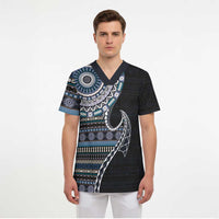 Fijian Masi Tribal Tattoos Art Pattern Scrub Top Navy Color Half Style - Polynesian Pride