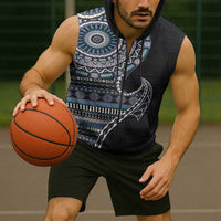 Fijian Masi Tribal Tattoos Art Pattern Sleeveless Zip Hoodie Navy Color Half Style LT03 - Polynesian Pride