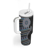 Fijian Masi Tribal Tattoos Art Pattern Tumbler With Handle Navy Color Half Style - Polynesian Pride