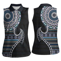 Fijian Masi Tribal Tattoos Art Pattern Women Sleeveless Polo Shirt Navy Color Half Style - Polynesian Pride