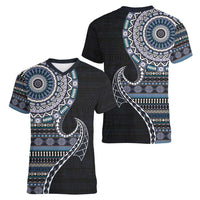 Fijian Masi Tribal Tattoos Art Pattern Women V-Neck T-Shirt Navy Color Half Style - Polynesian Pride