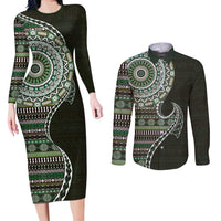 Fijian Masi Tribal Tattoos Art Pattern Couples Matching Long Sleeve Bodycon Dress and Long Sleeve Button Shirt Green Color Half Style - Polynesian Pride