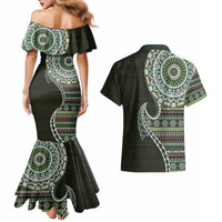 Fijian Masi Tribal Tattoos Art Pattern Couples Matching Mermaid Dress and Hawaiian Shirt Green Color Half Style - Polynesian Pride