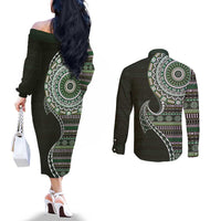 Fijian Masi Tribal Tattoos Art Pattern Couples Matching Off The Shoulder Long Sleeve Dress and Long Sleeve Button Shirt Green Color Half Style - Polynesian Pride