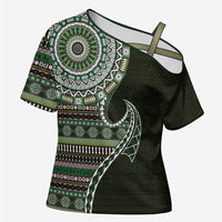 Fijian Masi Tribal Tattoos Art Pattern Cross Shoulder Shirt Green Color Half Style - Polynesian Pride