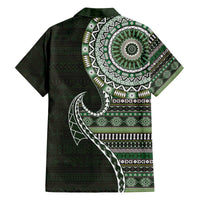 Fijian Masi Tribal Tattoos Art Pattern Family Matching Off The Shoulder Long Sleeve Dress and Hawaiian Shirt Green Color Half Style - Polynesian Pride
