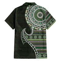 Fijian Masi Tribal Tattoos Art Pattern Family Matching Off Shoulder Maxi Dress and Hawaiian Shirt Green Color Half Style - Polynesian Pride