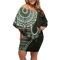 Fijian Masi Tribal Tattoos Art Pattern Family Matching Off Shoulder Short Dress and Hawaiian Shirt Green Color Half Style - Polynesian Pride