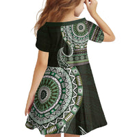 Fijian Masi Tribal Tattoos Art Pattern Family Matching Short Sleeve Bodycon Dress and Hawaiian Shirt Green Color Half Style - Polynesian Pride