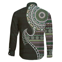 Fijian Masi Tribal Tattoos Art Pattern Family Matching Short Sleeve Bodycon Dress and Hawaiian Shirt Green Color Half Style - Polynesian Pride