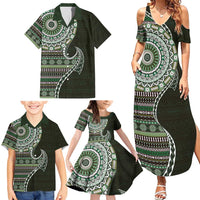 Fijian Masi Tribal Tattoos Art Pattern Family Matching Summer Maxi Dress and Hawaiian Shirt Green Color Half Style - Polynesian Pride