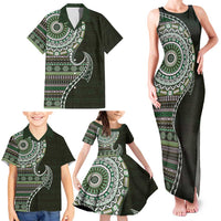 Fijian Masi Tribal Tattoos Art Pattern Family Matching Tank Maxi Dress and Hawaiian Shirt Green Color Half Style - Polynesian Pride