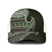 Fijian Masi Tribal Tattoos Art Pattern Mesh Trucker Cap Green Color Half Style LT03 One Size White Green - Polynesian Pride
