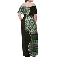 Fijian Masi Tribal Tattoos Art Pattern Off Shoulder Maxi Dress Green Color Half Style - Polynesian Pride