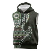 Fijian Masi Tribal Tattoos Art Pattern Sleeveless Zip Hoodie Green Color Half Style LT03 Green - Polynesian Pride