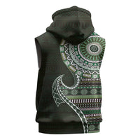 Fijian Masi Tribal Tattoos Art Pattern Sleeveless Zip Hoodie Green Color Half Style - Polynesian Pride