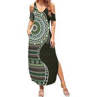 Fijian Masi Tribal Tattoos Art Pattern Summer Maxi Dress Green Color Half Style - Polynesian Pride