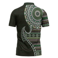 Fijian Masi Tribal Tattoos Art Pattern Zipper Polo Shirt Green Color Half Style - Polynesian Pride